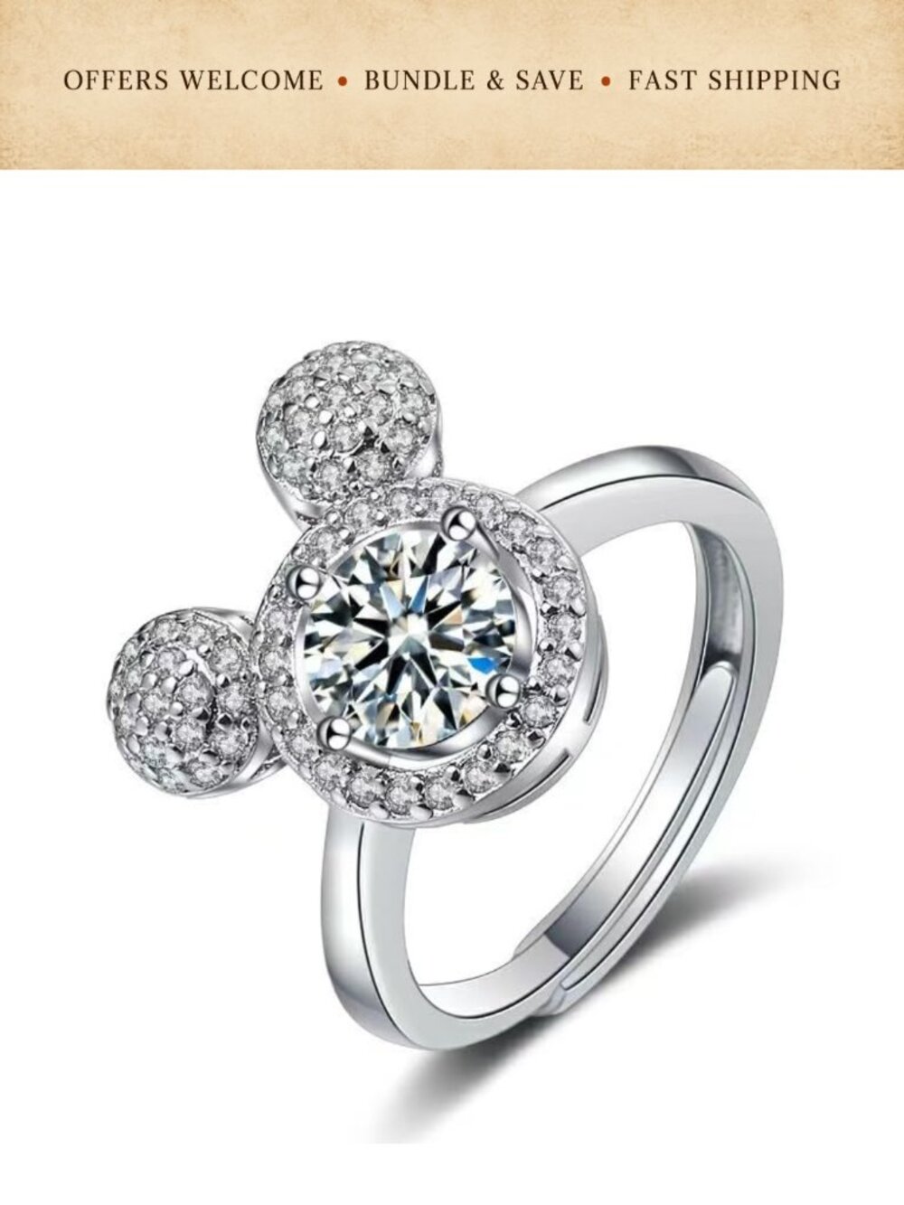 925 Sterling Silver Adjustable Ring Cubic Zirconia Halo Statement Stacking